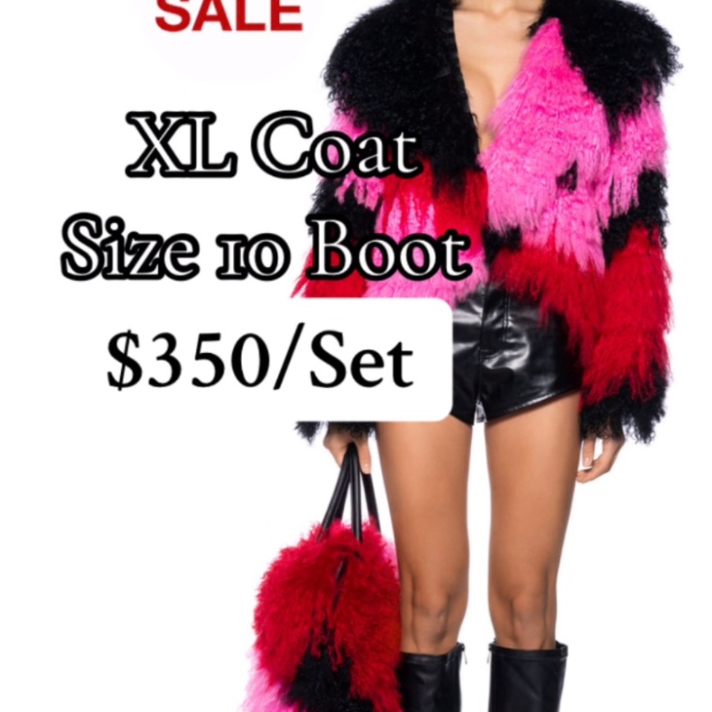 Pink and Black Fur Coat and Bag Set